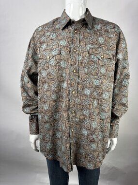 Panhandle Slim Mens Western Pearl Snap Shirt L Paisley Brown & Aqua 100% Cotton